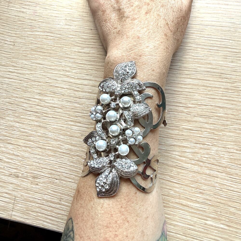 Silver-tone metal with glass rhinestones and faux pearls Mermaid Bridal Cuff
